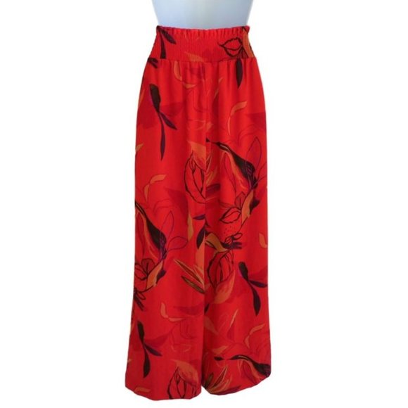 Red Floral High Rise Wide Leg Pants Pull On Smocked Elastic Waistband Pleated M - Picture 3 of 6